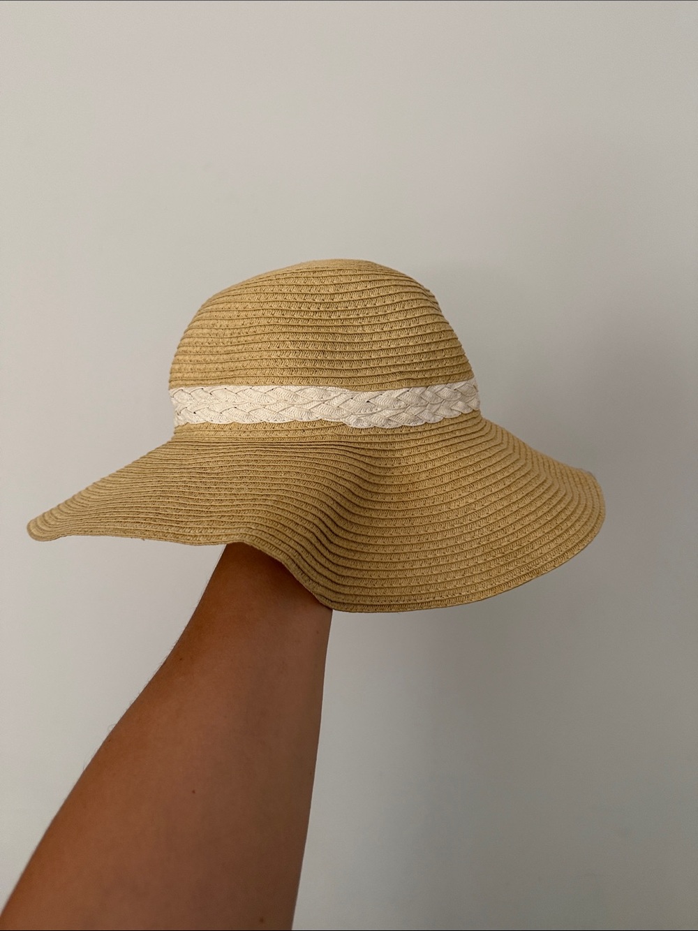 Wide Brim Sun Hat with Braided Band - Beige